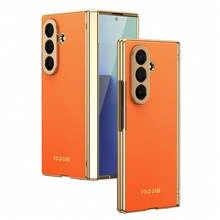 VIETAO 電鍍材質人造皮革全包覆保護手機殼，適用於 Galaxy Z Fold 7 6 5 4 8 Ultra Fold7 Fold6 Fold5 Fold4，附鋼化玻璃螢幕保護貼 - 橘色 - 查看 16