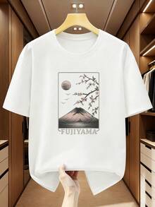 T-shirt da uomo taglie forti 100% cotone, motivo Monte  e fiori di ciliegio, girocollo a maniche corte, comoda t-shirt casual a maniche corte per l'estate, taglie forti, top - Bianco - Visualizzare 1
