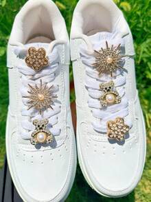 6pcs Gold Rhinestone Bear DIY Shoelace Decoration Five-Petal Flower, Detachable Sun Design Suitable For White Sneakers, Boots, Duxun Shoes, Flat Shoes And More, Holiday Gift - Gold - View 3