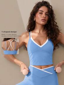 Women's 2-In-1 Double Strap V-Neck Removable Liner Sports Yoga Tank Top, High Support Y-Back Padded Fitness Training Vest - Blue - View 2