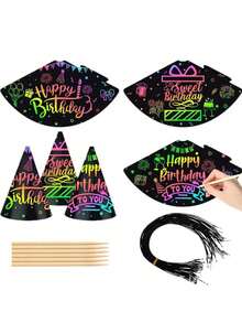 72/36pcs Scratch Art Party Hat Set, Cone Hats With Elastic Cords And Scratch Pens, Fun Colorful Scratch Paper, DIY Creative Craft, Creative Decoration And Group Interaction, Birthday Party Hats, Suitable For Adult Party Supplies, Gifts, Bridal Shower - Multicolor - View 9