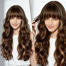 SHESHAIR Long Brown Mixed Blonde Wavy Wigs For White Women Kinky 26 Inch Glueless Wig 180% Density Wear Curly Wigs With Bangs Versatile Daily And - White - View 6