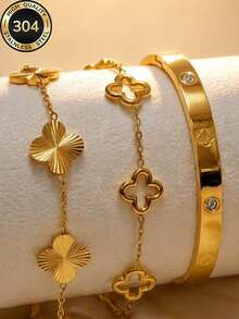 18K Gold Plated Summer Elegant Women's Laser Flower Layered Stainless Steel Bracelet Set, Thoughtful Gift For Mother's Day, Easter, Graduation Season - Gold - View 9
