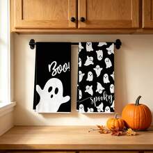 2 piezas de toallas de cocina decorativas de Halloween con estampado minimalista de fantasma sobre fondo negro, toallas de mano de microfibra superfina minimalista en blanco y negro, rectangulares con dobladillo, estampadas a una sola cara, para cocina, baño, mesa de comedor, casa de huéspedes, decoración suave de otoño y Halloween - Blanco y Negro - Ver 5