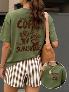 Plus Size Women's Coffee & Sunshine Print T-Shirt, Short Sleeve Crew Neck Regular Fit Top, High Elastic Fabric, Comfortable For Summer Wear - Army Green - View 10