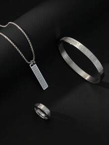 3 Piecesmen's Roman Numeral Stainless Steel Jewelry Set, Including A Roman Numeral Engraved Necklace, Bracelet, And Ring; A Minimalist Unisex Fashion - Silver - View 1