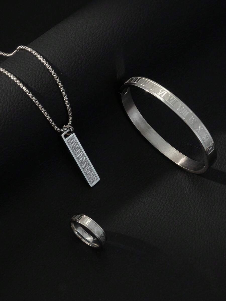 3 Piecesmen's Roman Numeral Stainless Steel Jewelry Set, Including A Roman Numeral Engraved Necklace, Bracelet, And Ring; A Minimalist Unisex Fashion - Silver - View 1