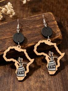 1 Pair Vintage African Map Shape Dancing Girl Hollow Wooden Fashion Earrings - Natural Wood Color - View 1