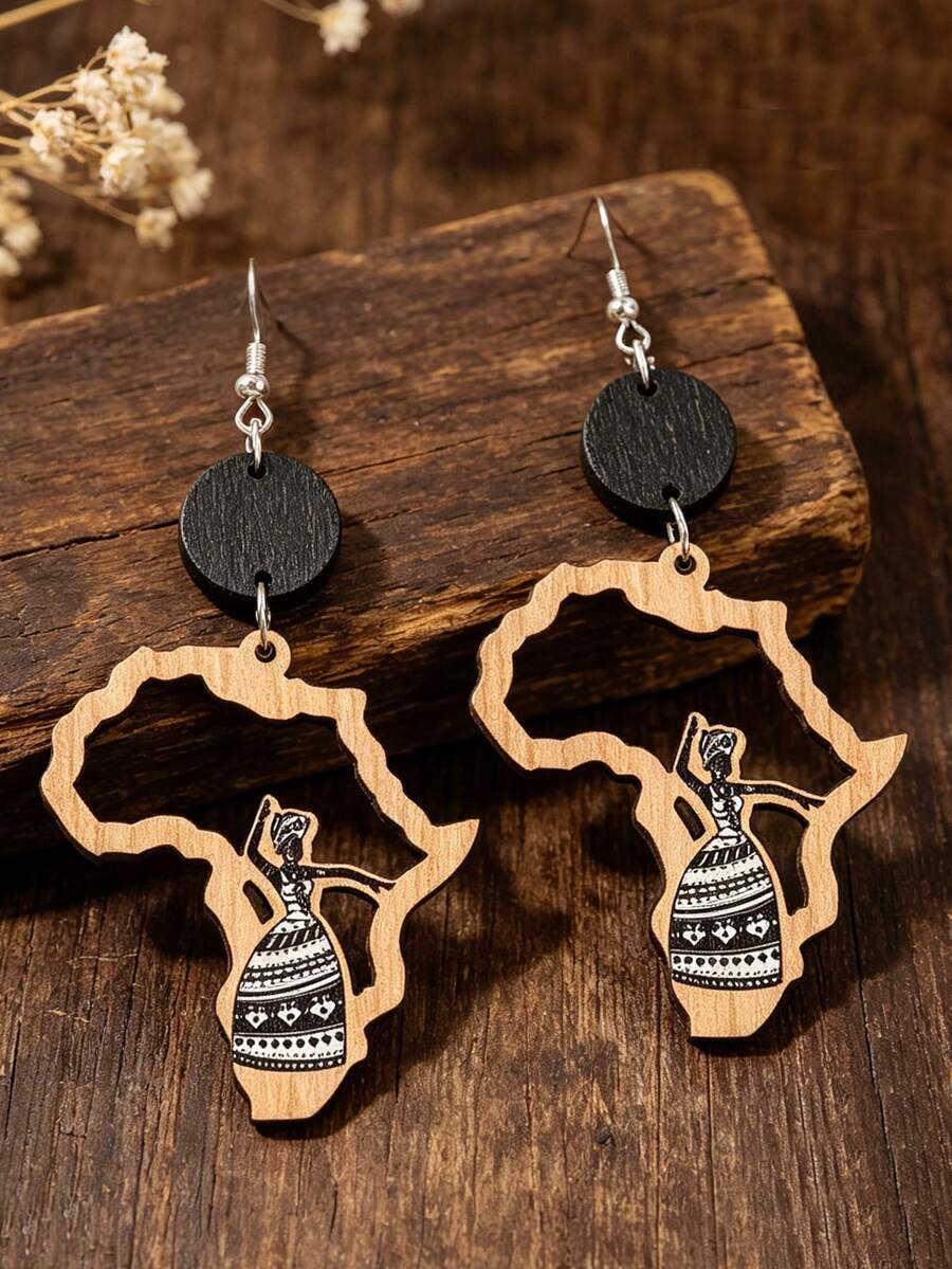 1 Pair Vintage African Map Shape Dancing Girl Hollow Wooden Fashion Earrings - Natural Wood Color - View 1