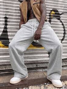 1pc Men's Street American Style Structured Outdoor Commute Loose Wide Leg Casual Long Pants - Light Grey - View 2