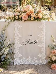 Customizable Table Runner, White Floral Lace Edge Sheer Fabric, Burgundy Red Ink Print, Autumn Wedding Bar Decor, Outdoor/Indoor Wedding Reception Backdrop Prop - Multicolor - View 7