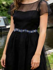1 Stück eleganter Vintage Dunkelblau Blumen Taillengürtel, glänzender luxuriöser vielseitiger Damengürtel, Marineblau Premium Hochzeitskleid Taillengürtel, geeignet für Hochzeit, Party, Ball, Schönheitswettbewerb, Kurzfilm, Abendbankett Taillenzubehör - Verschiedenfarbig - Übersicht 7