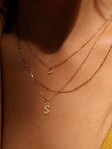 3pcs Set Exquisite Gold Tone Layered Letter Necklace Set, Personalized Letter & Rhinestone Pendant, Beaded Chain, Layerable Y2K Style Jewelry Gift, Suitable For Women And Girls - Yellow Gold - View 3