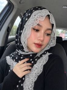 1件女款時尚蕾絲飾邊圓點印花頭巾，高級數位印花雪紡長圍巾，輕盈透氣四季通用日常穿搭 - 蕾絲邊-黑色波點 - 查看 3