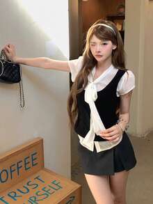 甜美風白色薄款綁帶短袖襯衫搭配無袖背心 2件套 夏季黑色優雅 - 黑色 - 查看 6