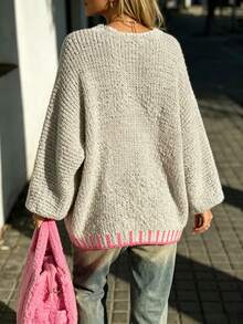 Star Contrast Color Knit Sweater With Trim, Casual Wear For Spring And Autumn Fall - Light Grey - View 2