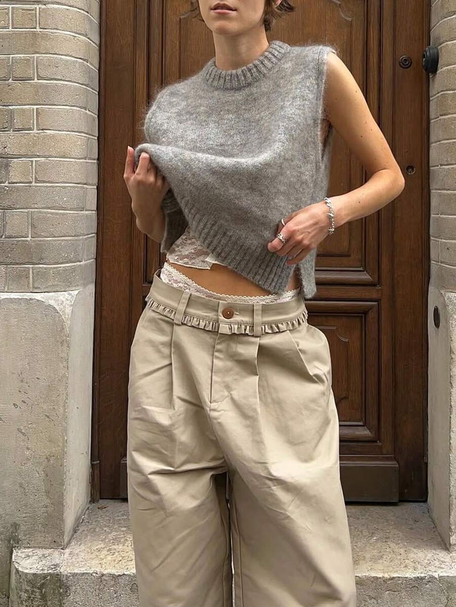 Mori Spring Autumn Winter Grey Women Sweater Vests Y2K Casual Sleeveless Mock Neck Fuzzy Knit Crop Tops Suitable For Going Out, Party & School Fall - Grey - View 1