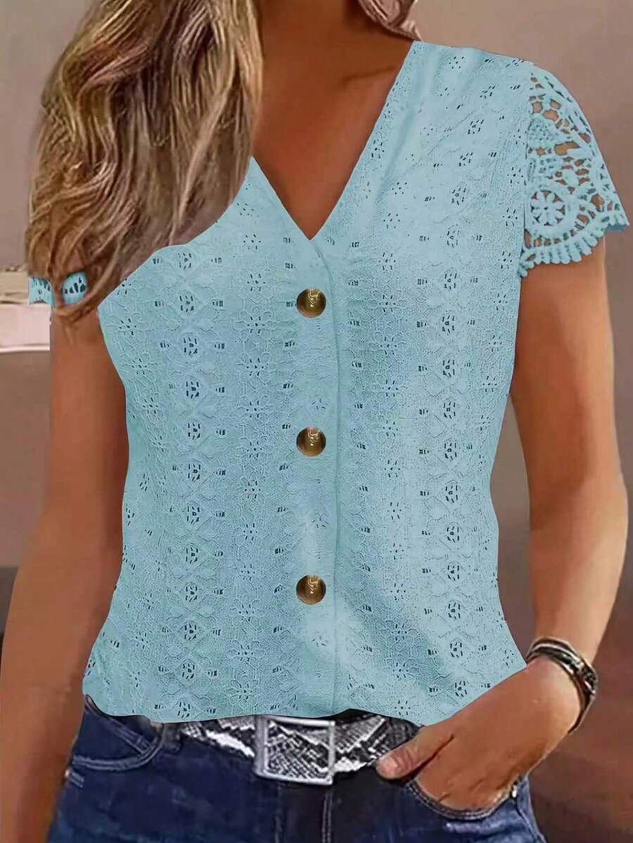 V-Neck Lace Patchwork Hollow Out Embroidery Front Button Spring/Summer Short Sleeve Top - Baby Blue - View 1