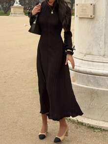 Women's Ribbed Long Sleeve Solid Color Fitted Knit Dress - Black - View 6