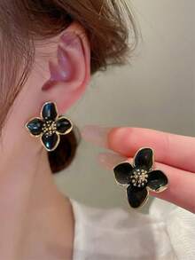 5 pares/1 par de pendientes de botón elegantes para mujer, serie de flores con perlas falsas, estilo hada, juego de pendientes a juego para uso diario casual - Dorado - Ver 6
