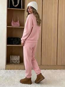 Women's Pink Knitted Zipper Collar Long Sleeve Drop Shoulder Top And Sweatpants Two-Piece Outfit, Casual & Cute Fall Winter Loungewear Set - 粉色 - 查看 4