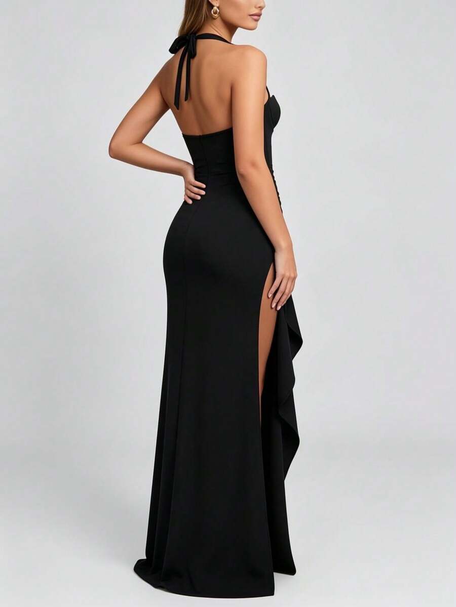 2026 Women's Halter Neck Bustier Long Dress, Bow Backless Ruched High Slit Ruffle Fishtail Evening Gown Black Wedding Party - Black - View 1