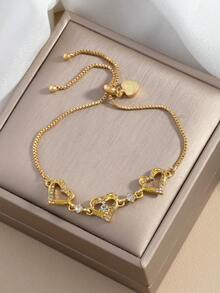 1pc Heart Hollow Adjustable Pull Bracelet, Fashion Elegant Premium Luxury Women's Jewelry - Gold - View 4