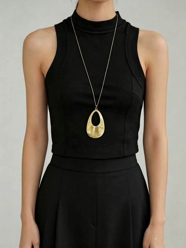 1pc Gold Stainless Steel 18K Gold Plated Geometric Water Drop Textured Pendant Long Necklace For Women, Fashionable & Unique, Suitable For Daily Wear