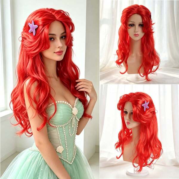 1pc Long Curly Wavy Red Mermaid Cosplay Synthetic Wig, Suitable For Halloween Party, Christmas, Role Play, Stage Performance And All-Season Wear
