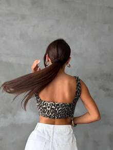 SQUALO Women's Denim Leopard Print Bandeau Crop Top Slit Hem - Brown - View 6
