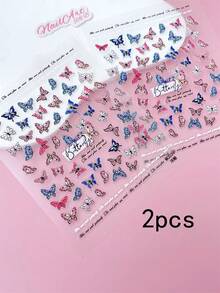 2 Peças Adesivos de Unhas com Relevo 5D, Unhas, Decoração DIY, com Lírios, Borboletas Rosas, Borboletas Brancas, Flores de Lótus e Padrões de Borboletas Coloridas, Adequado para Criar Arte de Unhas Estilo Floresta de Primavera e Verão e Estilo Francês Delicado - Multicolorido - Visão 9