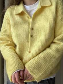 EAVA Autumn Winter Pastel Yellow Sweater Lapel Neck Button Front Knitwear Ribbed Cardigan Coat Slouchy Quiet Luxury Casual Pullover - Yellow - View 4