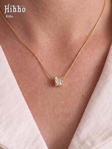 Hihho 1pc French Style Square Zirconia Collarbone Necklace, Soft Snake Chain, Minimalist Commute & Date Exquisite Jewelry - Ladder Square - View 1