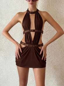 Top Dazzle Women's Glamorous Knit Halter Neck Mini Dress, Hollow Back Design, Creating Fashionable Look - Brown - View 8