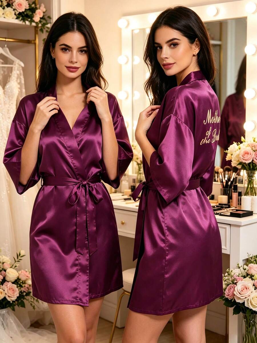 Bata de satén morado profundo con bordado de madre de la novia, kimono de ropa de estar con cintura anudada para sesión de fotos de preparación de boda, regalo - Morado oscuro - Bordado para madre de la novia - Ver 1
