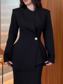 Women's Elegant Commute Long Sleeve Open Front Waist-Cinching Blazer (With Shoulder Pads) Solid Color Office Daily Autumn/Winter - Black - View 5