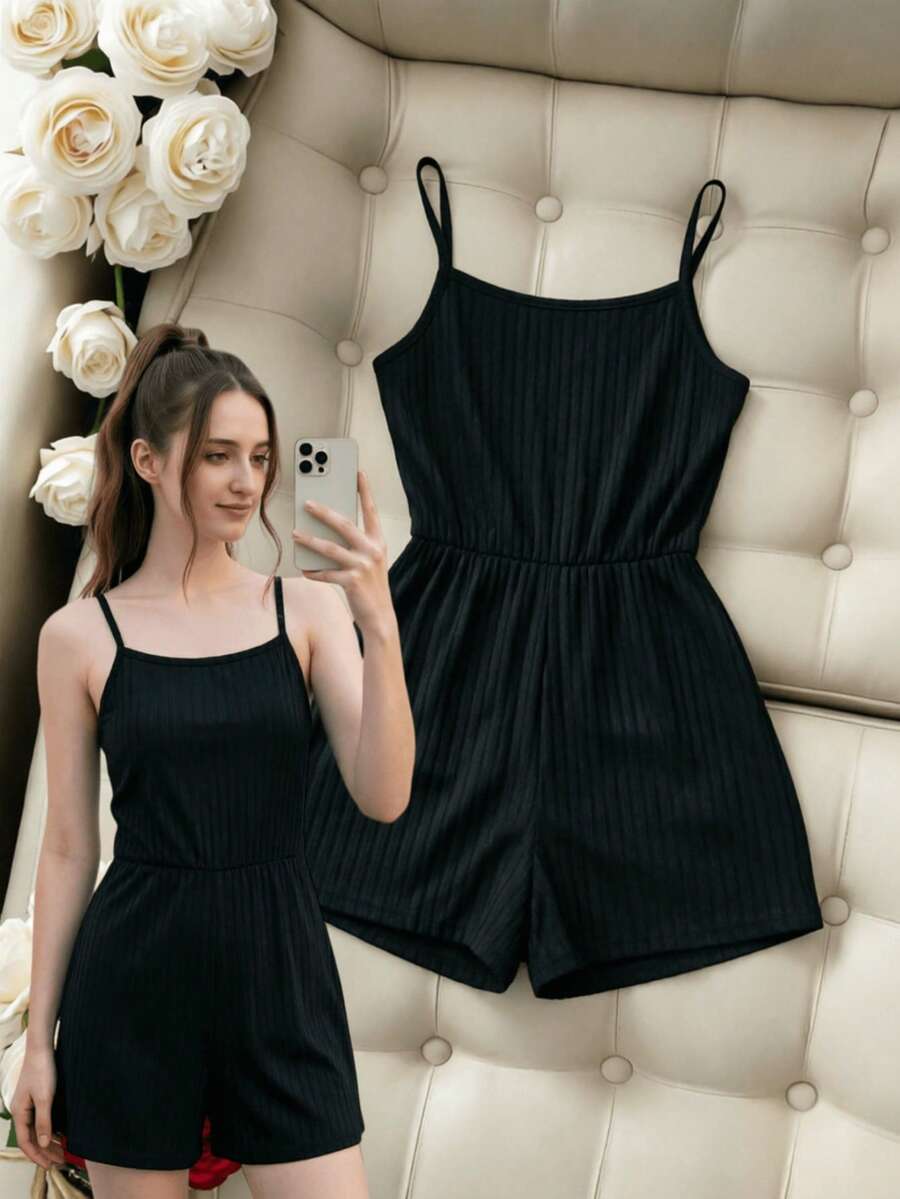 Mono Casual Texturizado Con Tirantes Finos Y Color Sólido Para Chicas Adolescentes - Negro - Ver 1