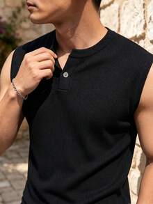 ALTZTAR Men's Knitted Sleeveless Ribbed Henley Neck Tank Top - Black - View 6