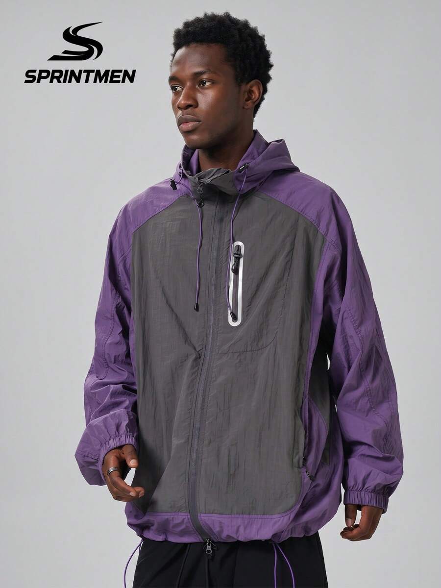 1pc Men's Purple Hooded Jacket, Men's Hooded Sweatshirt With Anti-Lost Zipper Pockets, Lightweight Jacket, Suitable For Summer Outdoor Hiking, Fishing, Commuting, Workout, Running, Men's Tops - Purple - View 1