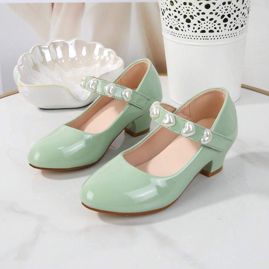 1 Pair Girls' Mary Jane Chunky Heel Shoes, Hook & Loop Closure Heart Decor Solid Color Casual Dance Shoes - Mint Green - View 1