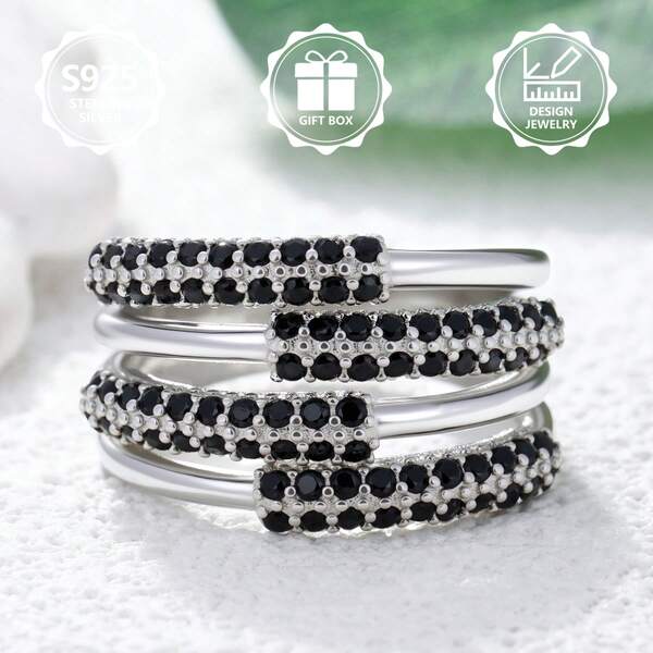 Anillo de mujer de plata de ley 925 con circonita cúbica negra & blanca envuelta, anillo de circonita cúbica negra & blanca multicapa totalmente envuelto, joyería de plata de lujo de nicho de alta gama, regalo para novia, sin níquel, hipoalergénico, artesanía exquisita, uso cómodo, versátil para uso diario, regalo ideal para cumpleaños, aniversario, Día de San Valentín, Halloween, Navidad, Nochebuena y otras festividades