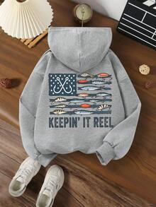 2pcs/Set Tween Boys Hoodie Set, Printed With Fish And Hook Pattern, Paired With Simple Casual Wide Leg Pants, Comfortable Autumn/Winter New Outfit - Grey - View 5