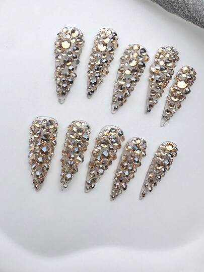 10 móng tay giả dán thủ công dáng dài nhọn màu champagne đính đá rhinestone toàn bộ, móng giả 3D đính đá lấp lánh sang trọng, phù hợp cho tiệc Halloween, tụ họp, hằng ngày, nơi làm việc, biểu diễn và nhiều dịp khác