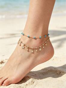 2 piezas/Set Popular Versátil Tobillera de Mariposa con Cuentas de Vidrio y Strass Artificial Brillante para Mujeres, Adecuada para Vacaciones en la Playa - Multicolor - Ver 8