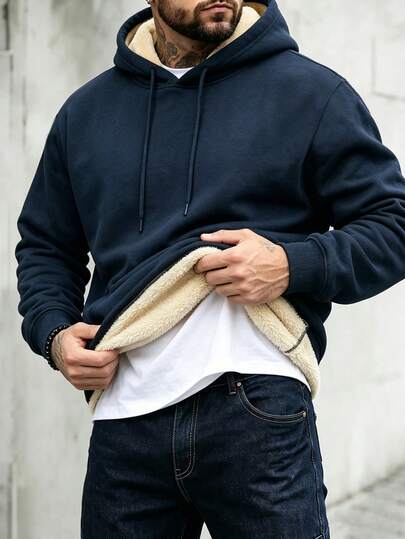 Men's Outdoor Warm Lining Hooded Sweatshirt, Thickened Warm Pullover, Large Pockets, Ribbed Cuffs, Autumn Sports Style
