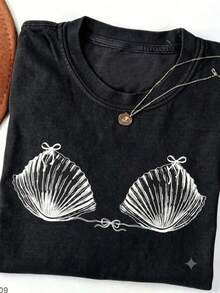 2026 Camiseta de mujer de algodón lavado, cómoda camiseta de concha con color retro de los 90, camiseta de entusiasta del océano, camiseta de viaje, camiseta de sirena, camiseta de estilo un - Negro - Ver 3