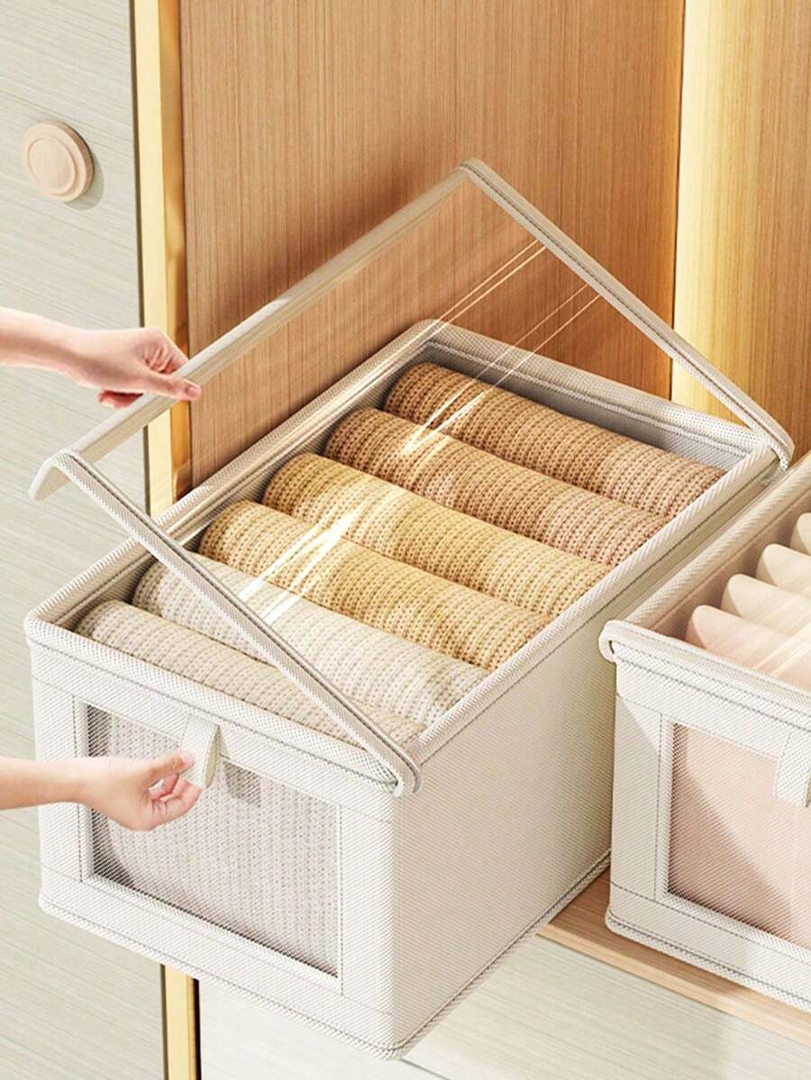 Large Canvas Storage Box With Clear Window Collapsible Clothes Organizer With Lid Family Moisture-Proof Closet Organizer Clothes Sorting For Home Back To School - White - View 1