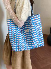 Women 2 Sides Reversible Shopping Tote Bag Big Capacity Letter Graphic Wave Polka Dot Print Portable Daily Shoulder Bag - Baby Blue - View 5