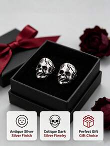 Vintage Punk Skull Ear Clips, No Piercing Required, Antique Silver Gothic Skull Clip Earrings, Unisex Non-Pierced Ear Jewelry, Suitable For Halloween Cosplay, Rock Party And Daily Street Wear, Ideal Holiday Gift - Multicolor - View 9