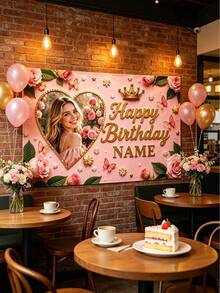 Customized Personalized Birthday Backdrop, Customizable Photo Name, Rose Crown Butterfly Decoration, Adding Unique Atmosphere To Your Birthday Party. Customizable Items, Customized Bed Head Flag Tapestry, And Exclusive Image Text Photo, Perfect Gift For Family, Friends And Yourself, Baby Room Decoration, Children's Birthday Party Decoration. - Multicolor - View 8